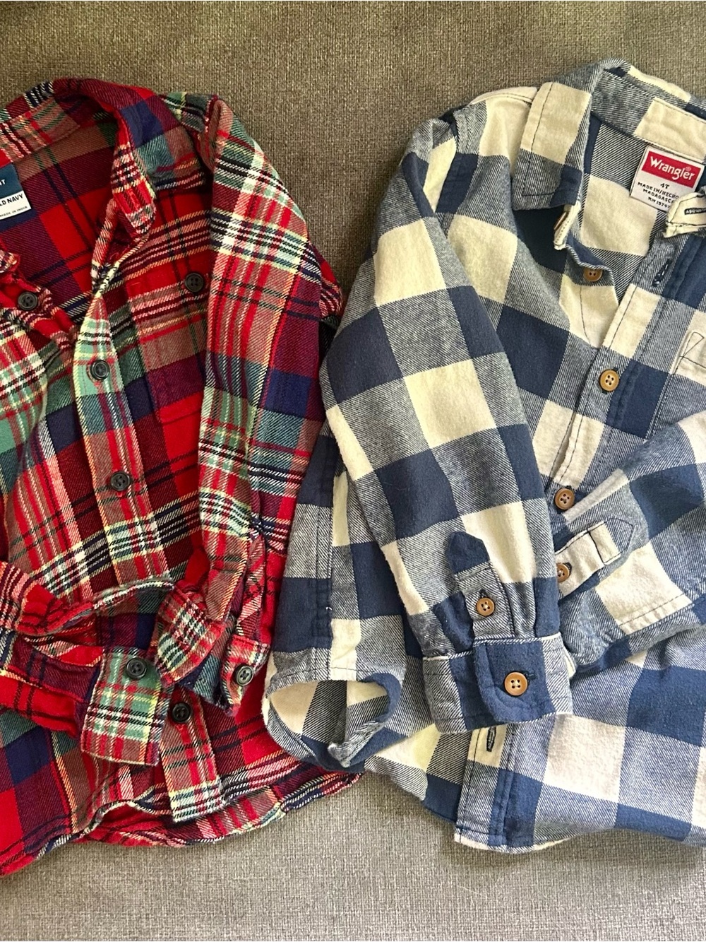 Wrangler and Old Navy Kids Red Plaid & Blue Check Button-Down Shirt Bundle 4t
